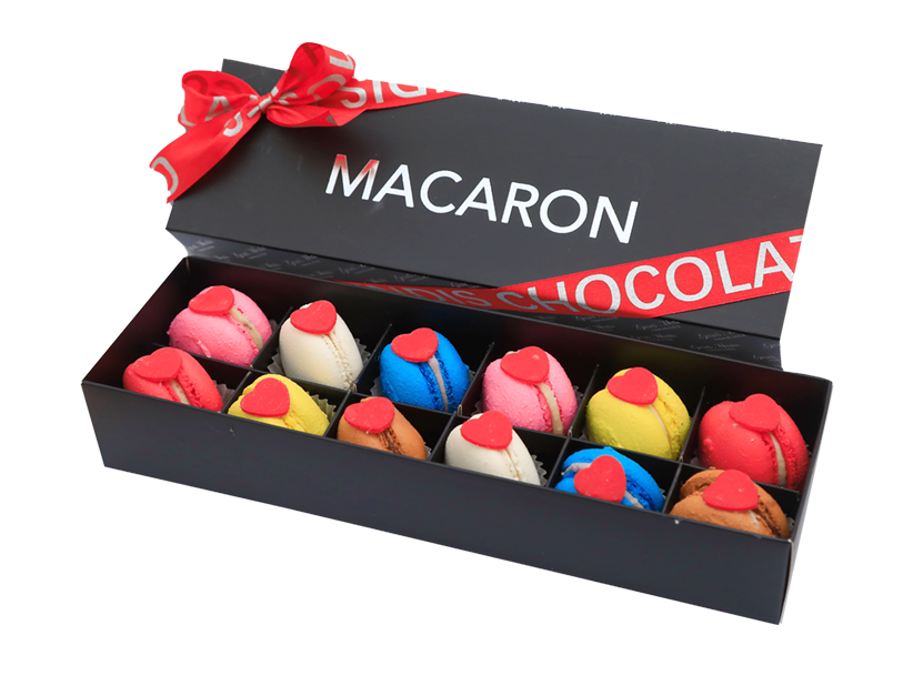 VALENTINE FRENCH MACARONS, 12 PIECE BLACK BOX