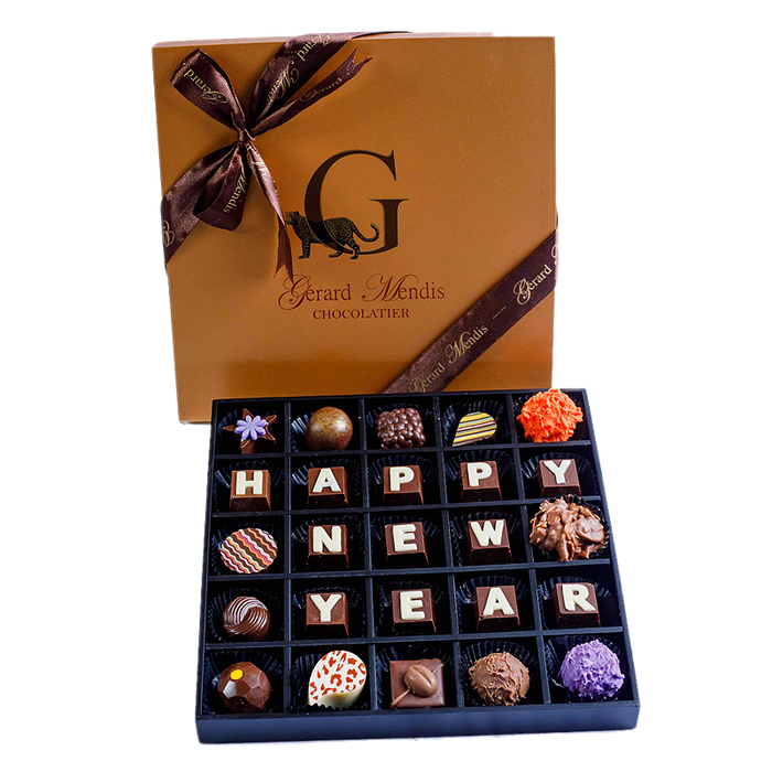 HAPPY NEW YEAR, CLASSIC WOODEN 25 PIECE CHOCOLATE BOX