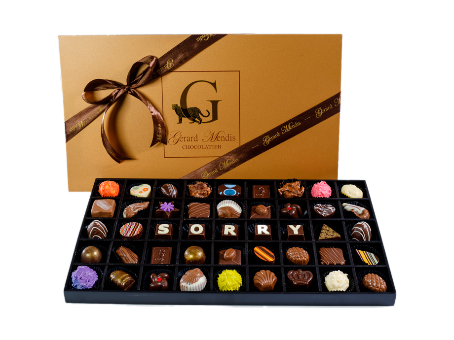 SORRY 45 PIECE CLASSIC WOODEN CHOCOLATE BOX– Gerard Mendis Chocolatier